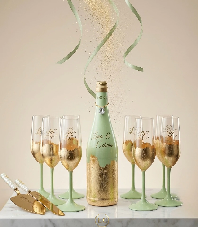 Juego de copas y botella personalizadas para brindis de boda